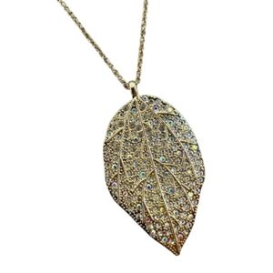 Jules B Rhinestone Statement Necklace Gold Tone Leaf Pendant